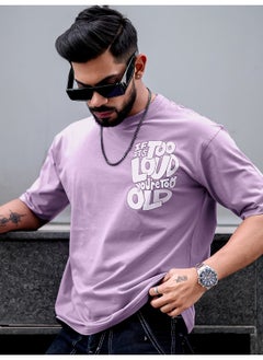 Maniac Maniac Men Printed Round Neck 3/4th Sleeve Lavender and White Cotton Oversized T-Shirt  - Image 2