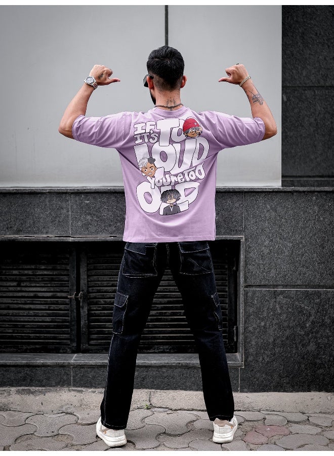 Maniac Men Printed Round Neck 3/4th Sleeve Lavender and White Cotton Oversized T-Shirt