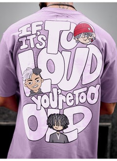 Maniac Maniac Men Printed Round Neck 3/4th Sleeve Lavender and White Cotton Oversized T-Shirt  - Image 3