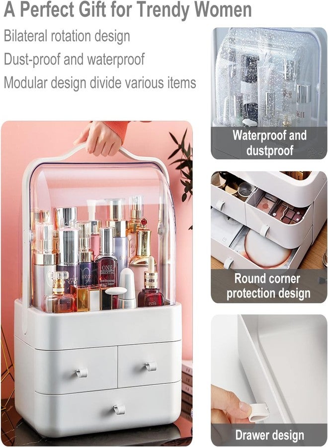 GNEY Premium Cosmetic Organizer with Drawers & Dustproof Cover | Large Capacity Makeup Storage Box with 180° Flip Lid & Portable Handle for Bedroom, Bathroom & Vanity Table [ White ] - Image 2
