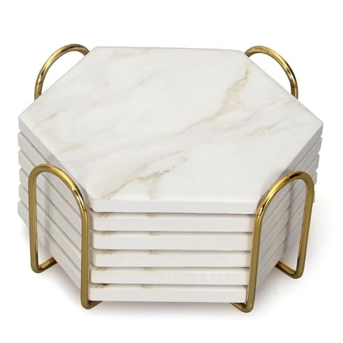 Dksyee 6Pcs White Marble Coaster Set with Holder Hexagon Ceramic Coasters Absorbent Coasters Drink Coasters Set for Coffee Table Bar Coasters Wine Coasters Modern Coasters Beer Coasters Cup Coasters - Image 1