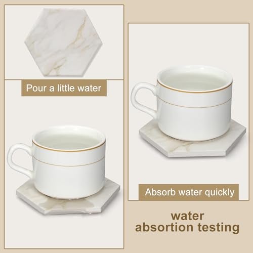 Dksyee 6Pcs White Marble Coaster Set with Holder Hexagon Ceramic Coasters Absorbent Coasters Drink Coasters Set for Coffee Table Bar Coasters Wine Coasters Modern Coasters Beer Coasters Cup Coasters - Image 3