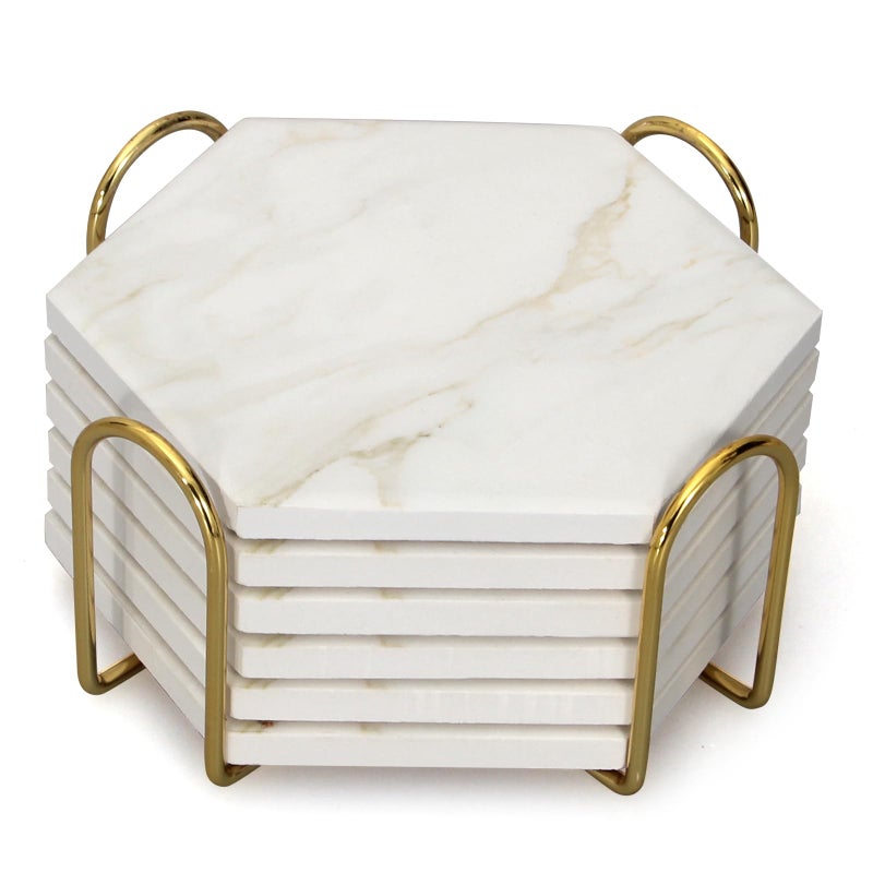 Dksyee 6Pcs White Marble Coaster Set with Holder Hexagon Ceramic Coasters Absorbent Coasters Drink Coasters Set for Coffee Table Bar Coasters Wine Coasters Modern Coasters Beer Coasters Cup Coasters - Image 2