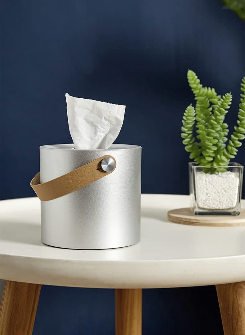 Excefore Tissue Box Holder Tissue Dispenser Modern Round Plastic Box Cover Napkin Organizer with Leather Handles for Bathroom Vanity Tops Dressers Bedside Tables Desks and Tables  - Image 1