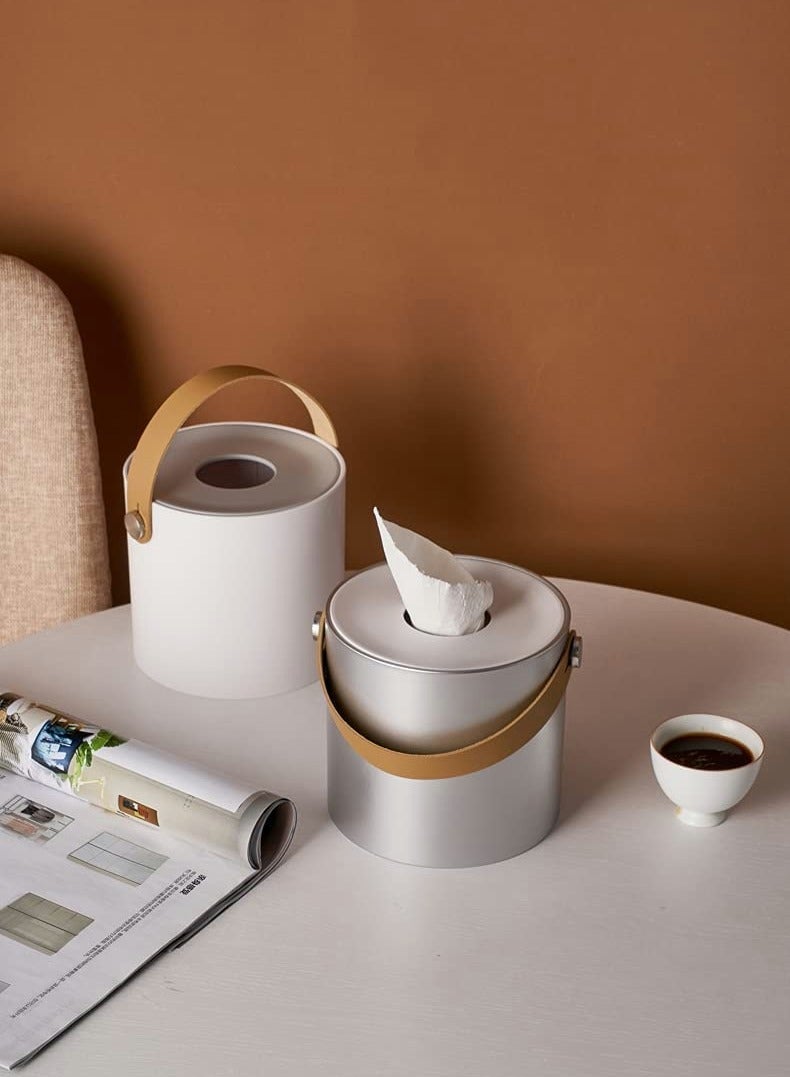 Excefore Tissue Box Holder Tissue Dispenser Modern Round Plastic Box Cover Napkin Organizer with Leather Handles for Bathroom Vanity Tops Dressers Bedside Tables Desks and Tables  - Image 3