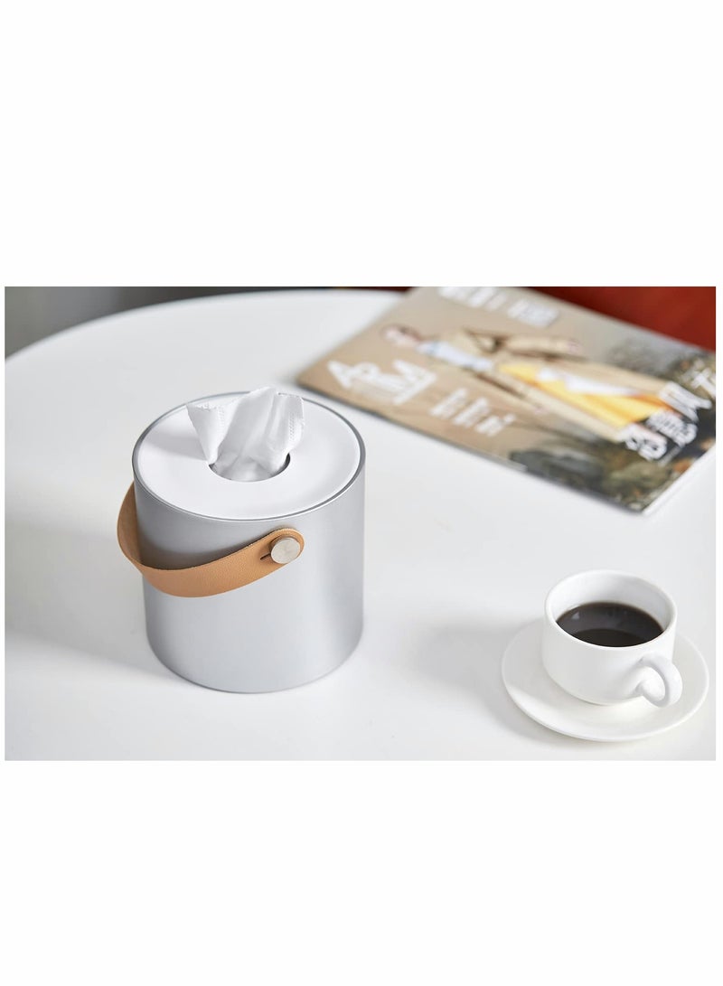 Excefore Tissue Box Holder Tissue Dispenser Modern Round Plastic Box Cover Napkin Organizer with Leather Handles for Bathroom Vanity Tops Dressers Bedside Tables Desks and Tables  - Image 4