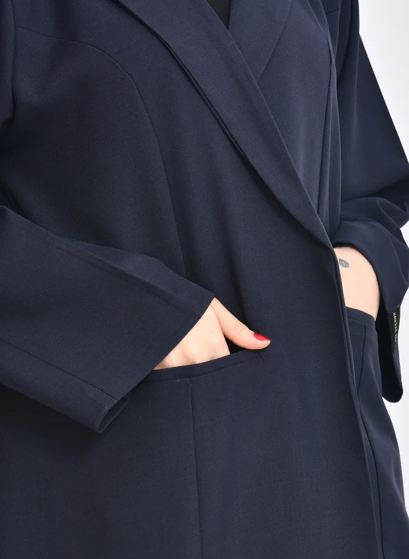 HAWRAA ABAYA Navy blue blazer with elegant and practical design, wide sleeves, shoulder straps and inner lining