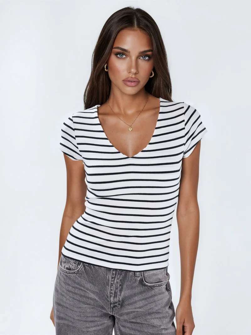 بوسيم BUSEM V-Neck Striped Cotton Blend Blouse