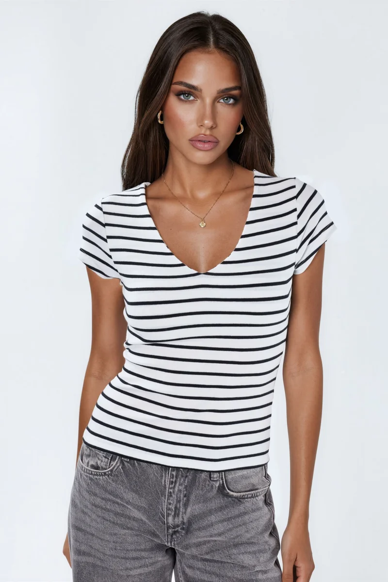 بوسيم BUSEM V-Neck Striped Cotton Blend Blouse