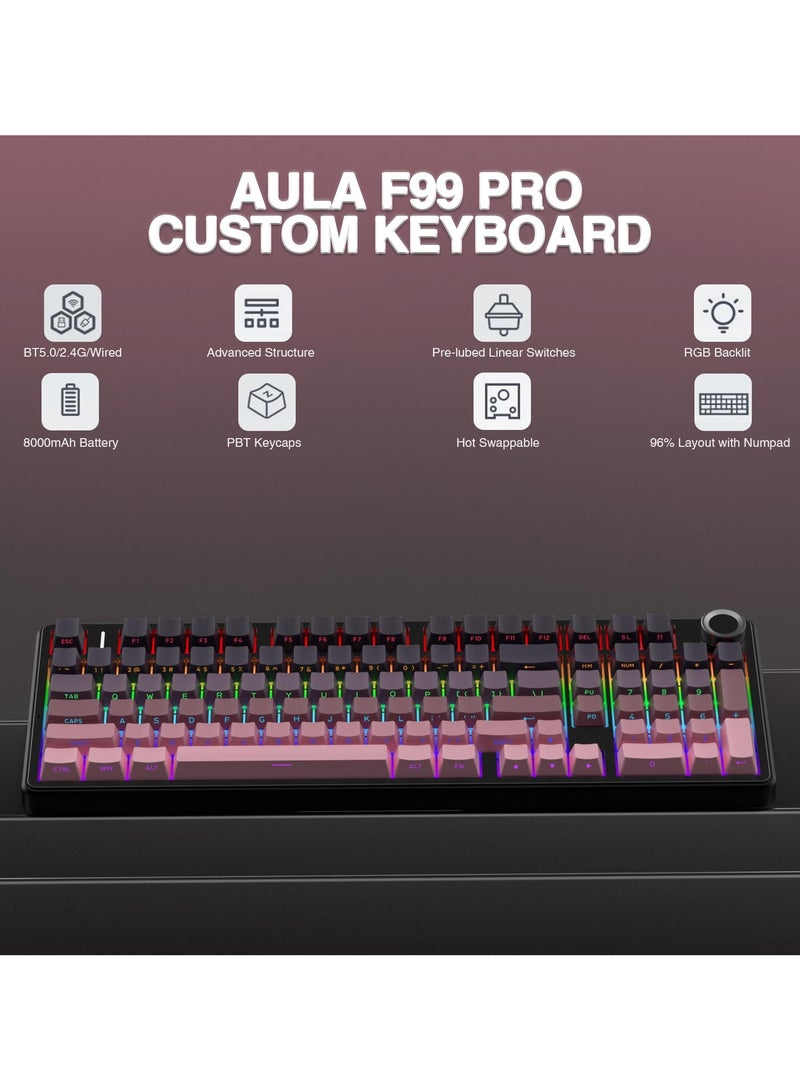 AULA F99 Pro Wireless Mechanical Keyboard with Knob,Tri-Mode BT5.0/USB-C/2.4GHz Hot Swappable Keyboard,Pre-lubed Switches,RGB Backlit PBT Keycaps Computer Gaming Keyboards - Image 2