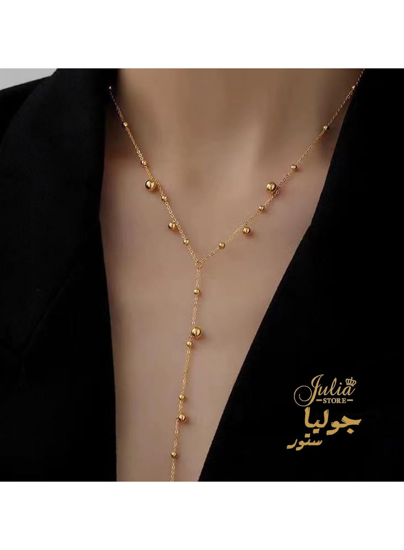 Julia Store 18K Gold Plated Stainless Steel Statement Long Lariat Y Necklace for Women Trendy Exquisite Simple Gold Beaded Layered Chain Y-Shaped Pendant Necklace Jewelry Gift - Image 1