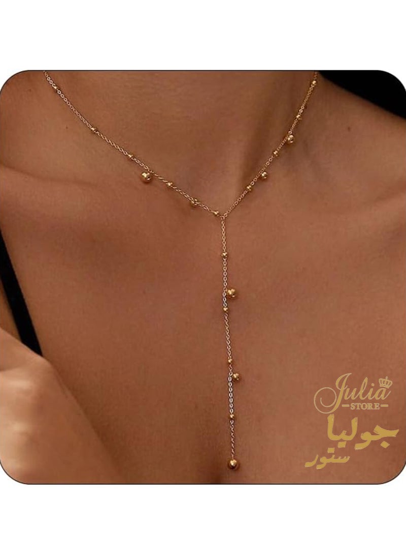 Julia Store 18K Gold Plated Stainless Steel Statement Long Lariat Y Necklace for Women Trendy Exquisite Simple Gold Beaded Layered Chain Y-Shaped Pendant Necklace Jewelry Gift - Image 2