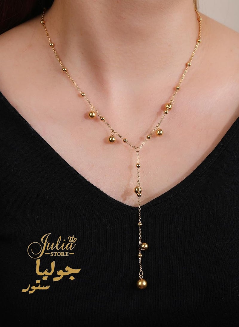 Julia Store 18K Gold Plated Stainless Steel Statement Long Lariat Y Necklace for Women Trendy Exquisite Simple Gold Beaded Layered Chain Y-Shaped Pendant Necklace Jewelry Gift - Image 3