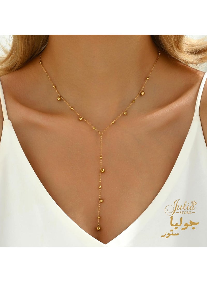Julia Store 18K Gold Plated Stainless Steel Statement Long Lariat Y Necklace for Women Trendy Exquisite Simple Gold Beaded Layered Chain Y-Shaped Pendant Necklace Jewelry Gift - Image 4