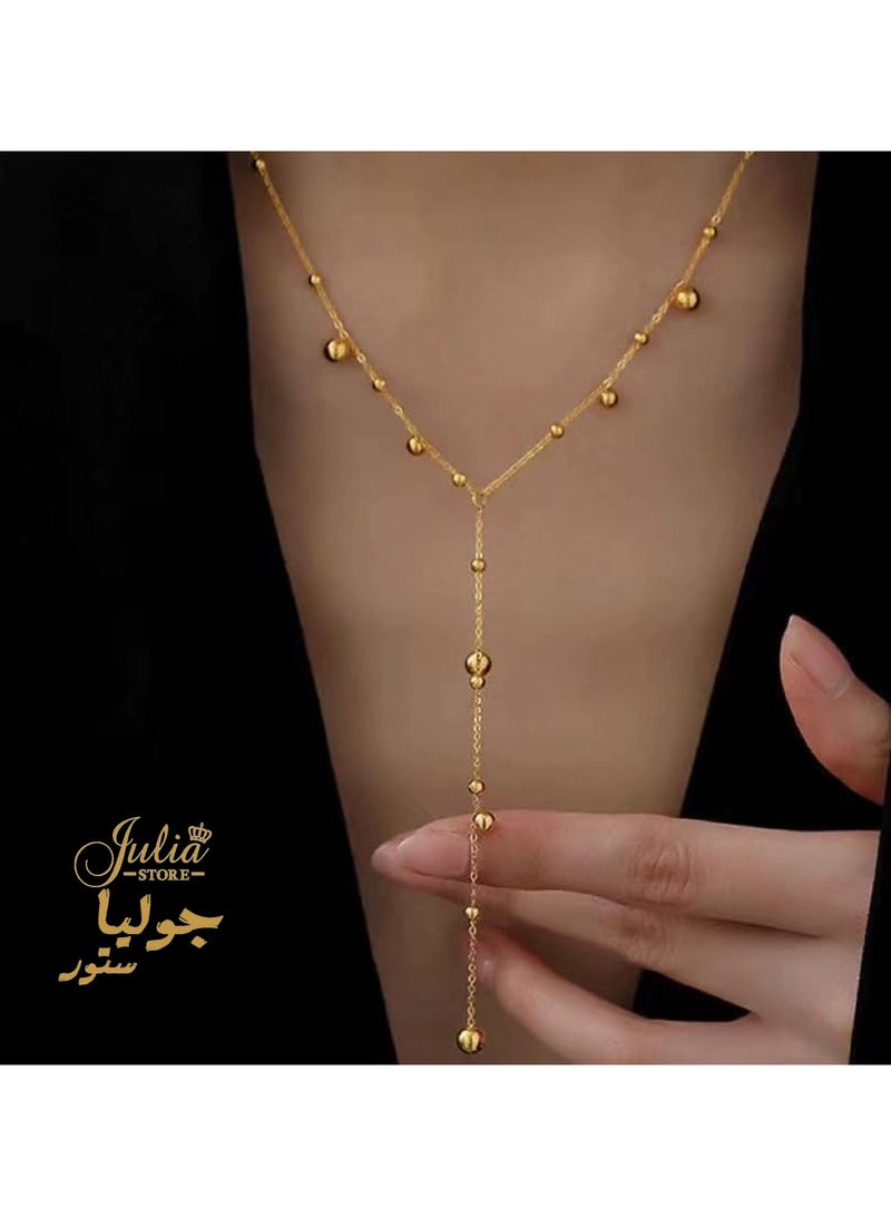 Julia Store 18K Gold Plated Stainless Steel Statement Long Lariat Y Necklace for Women Trendy Exquisite Simple Gold Beaded Layered Chain Y-Shaped Pendant Necklace Jewelry Gift - Image 5