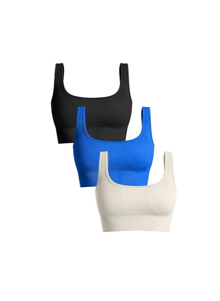 Women's 3 Piece Medium Support Tank Top Ribbed Seamless Removable Cups Workout Exercise Sport Bra