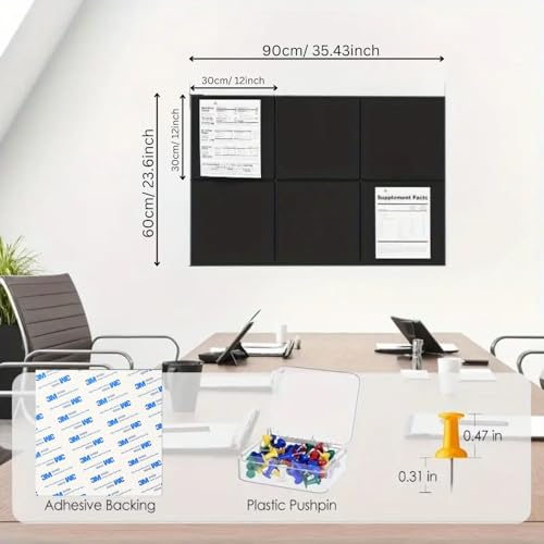 Royalkart® 6Pcs Rectangle Felt Bulletin Board Tiles for Wall – Black Self-Stick Notice Board with 30 Push Pins | Pin Board for Office, Study, Home Decor, Kids Room (30x21cm) - Image 2