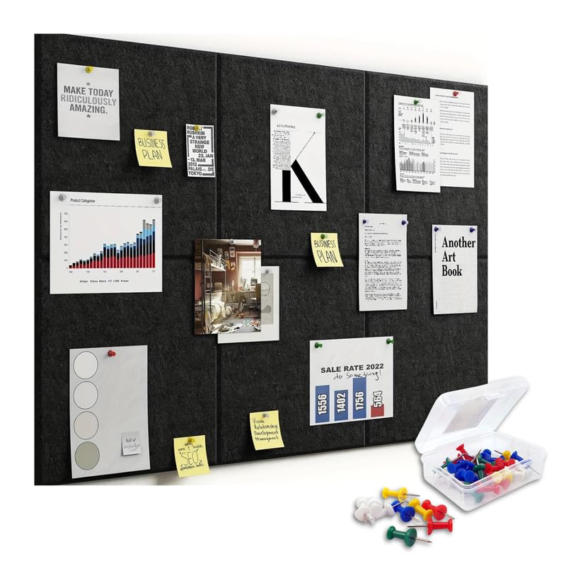 Royalkart® 6Pcs Rectangle Felt Bulletin Board Tiles for Wall – Black Self-Stick Notice Board with 30 Push Pins | Pin Board for Office, Study, Home Decor, Kids Room (30x21cm) - Image 1