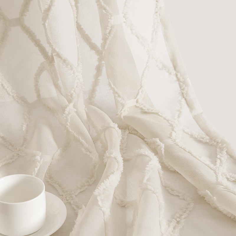 Hokibero Beige Sheer Curtains 84 Inches Long for Living Room Rod Pocket Back Tab Sand Taupe Tan Semi Sheer Curtain Geometric Embroidered Tuft Pom Textured Drapes Earth Tone Farmhouse Rustic Bedroom Nursery - Image 3