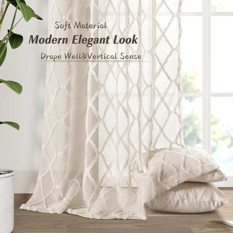 Hokibero Beige Sheer Curtains 84 Inches Long for Living Room Rod Pocket Back Tab Sand Taupe Tan Semi Sheer Curtain Geometric Embroidered Tuft Pom Textured Drapes Earth Tone Farmhouse Rustic Bedroom Nursery - Image 4