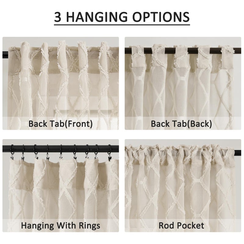 Hokibero Beige Sheer Curtains 84 Inches Long for Living Room Rod Pocket Back Tab Sand Taupe Tan Semi Sheer Curtain Geometric Embroidered Tuft Pom Textured Drapes Earth Tone Farmhouse Rustic Bedroom Nursery - Image 2