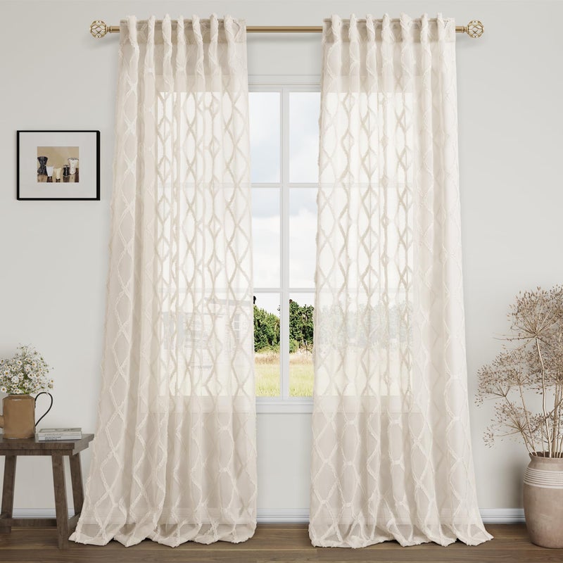 Hokibero Beige Sheer Curtains 84 Inches Long for Living Room Rod Pocket Back Tab Sand Taupe Tan Semi Sheer Curtain Geometric Embroidered Tuft Pom Textured Drapes Earth Tone Farmhouse Rustic Bedroom Nursery - Image 1