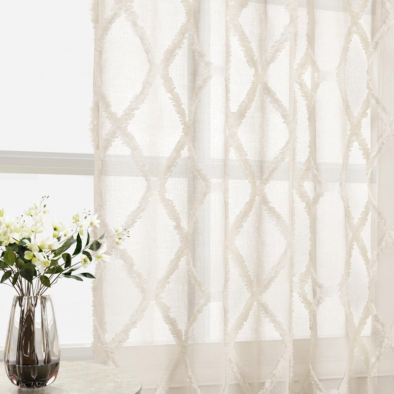 Hokibero Beige Sheer Curtains 84 Inches Long for Living Room Rod Pocket Back Tab Sand Taupe Tan Semi Sheer Curtain Geometric Embroidered Tuft Pom Textured Drapes Earth Tone Farmhouse Rustic Bedroom Nursery - Image 5