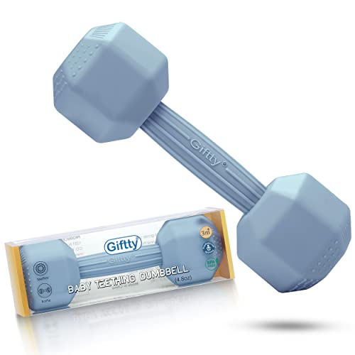 Giftty Baby Dumbbell Infant Rattle Silicone Teething Toy Teether Infants Toddler Sensory Toy Exercises Weight - Made of 100% Food-Grade Silicone, Safe for Baby Boys and Girls (1pcs 4.8oz - Blue) - Image 1