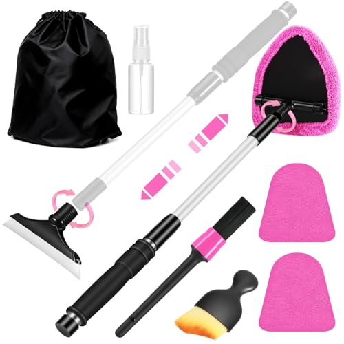 vioview Pink Windshield Cleaner Tool Car Interior Cleaning Kit with Extendable Handle and 3 Reusable Microfiber Pads Auto Glass Wiper and Detailing Brush Kit for Car Home Window - Image 1