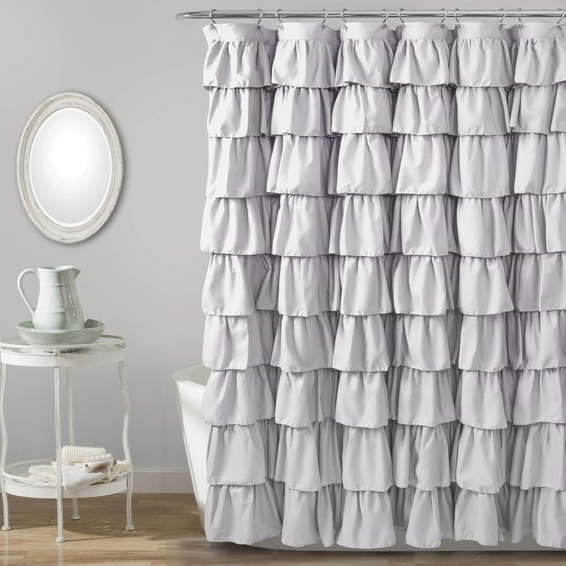Lush Decor Ruffle Shower Curtain | Floral Textured Vintage Chic Farmhouse Style Design, Lilac, 72" x 72" - Image 1