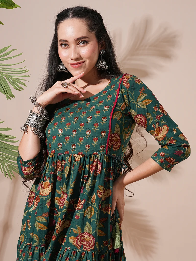 globus Women Floral Printed Abla Work Waist Tie-Up Detailing A-Line Tiered Midi Workwear Dress
