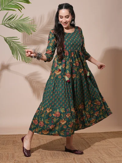 globus Women Floral Printed Abla Work Waist Tie-Up Detailing A-Line Tiered Midi Workwear Dress