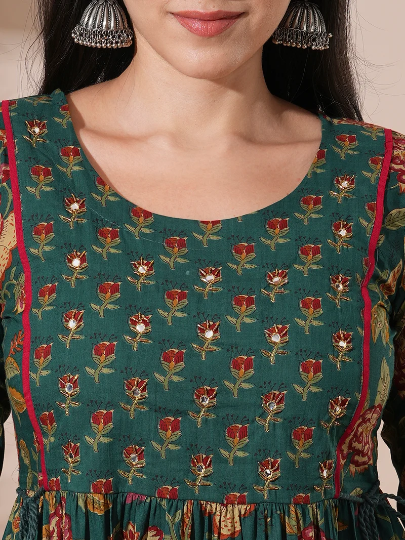 globus Women Floral Printed Abla Work Waist Tie-Up Detailing A-Line Tiered Midi Workwear Dress