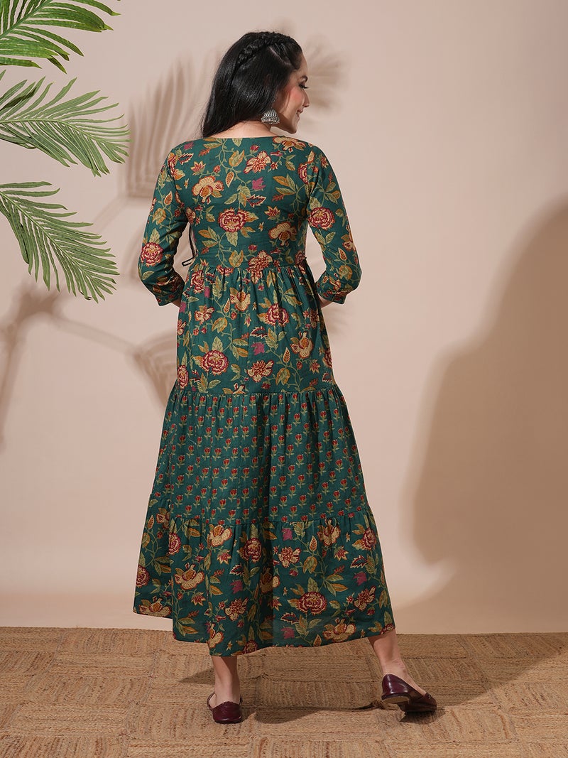 globus Globus Women Floral Printed Abla Work Waist Tie-Up Detailing A-Line Tiered Midi Workwear Dress - Image 3