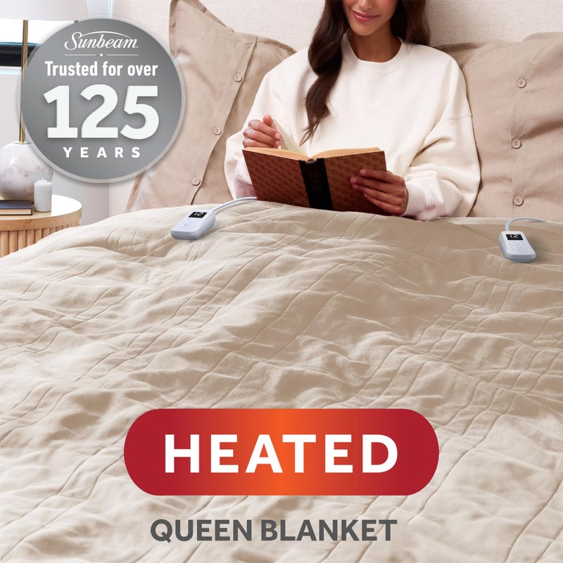 Sunbeam Royal Posh Velvet Heated Electric Blanket Queen Size, 90" x 84", 12 Heat Settings, 12-Hour Selectable Auto Shut-Off, Fast Heating, Machine Washable, Warm and Cozy, Champagne - Image 2
