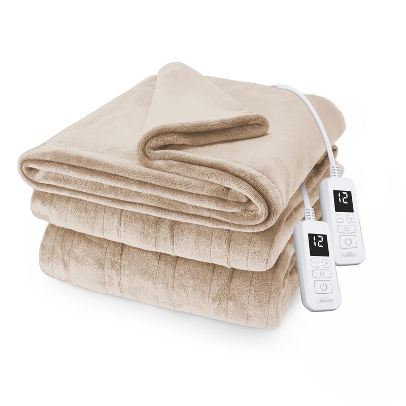 Sunbeam Royal Posh Velvet Heated Electric Blanket Queen Size, 90" x 84", 12 Heat Settings, 12-Hour Selectable Auto Shut-Off, Fast Heating, Machine Washable, Warm and Cozy, Champagne - Image 1
