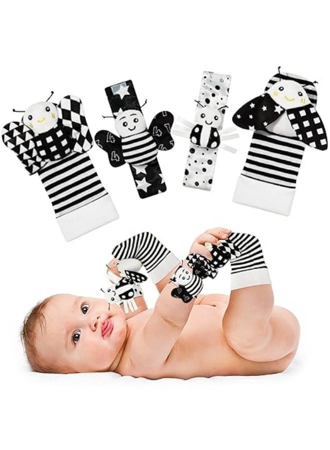 NIBEMINENT Baby Rattle Cotton Socks and Wrist Rattle Strap Set, Infant Toys 3 6 9 12 Months, Baby Gifts for Boys and Girls, Develop Babies Sensory Toys, Black and White  - Image 1