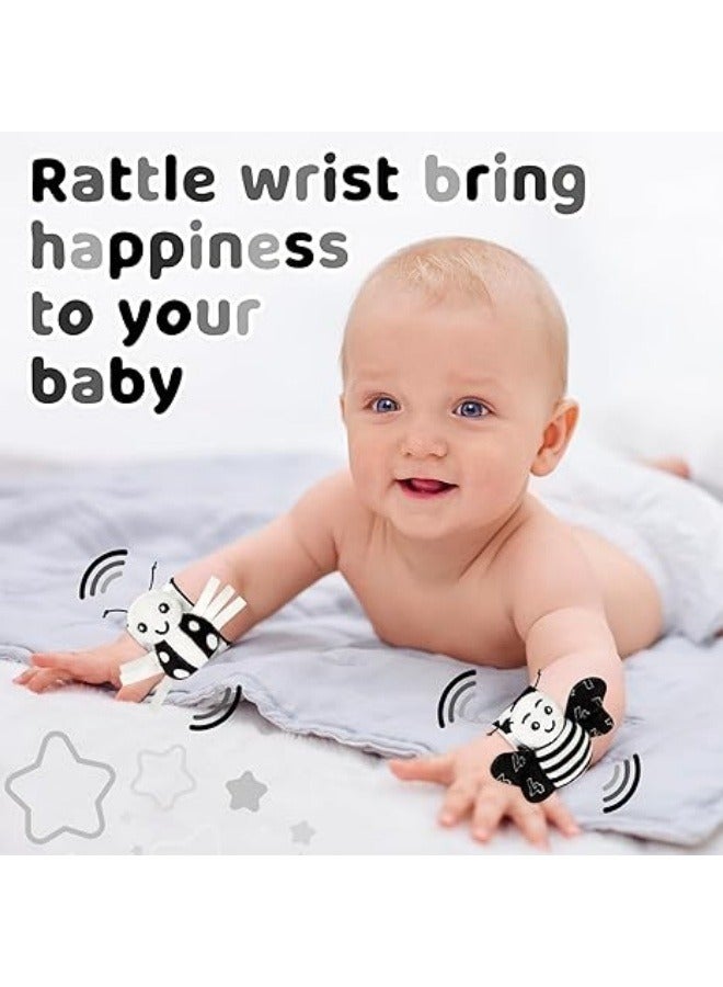 NIBEMINENT Baby Rattle Cotton Socks and Wrist Rattle Strap Set, Infant Toys 3 6 9 12 Months, Baby Gifts for Boys and Girls, Develop Babies Sensory Toys, Black and White  - Image 2