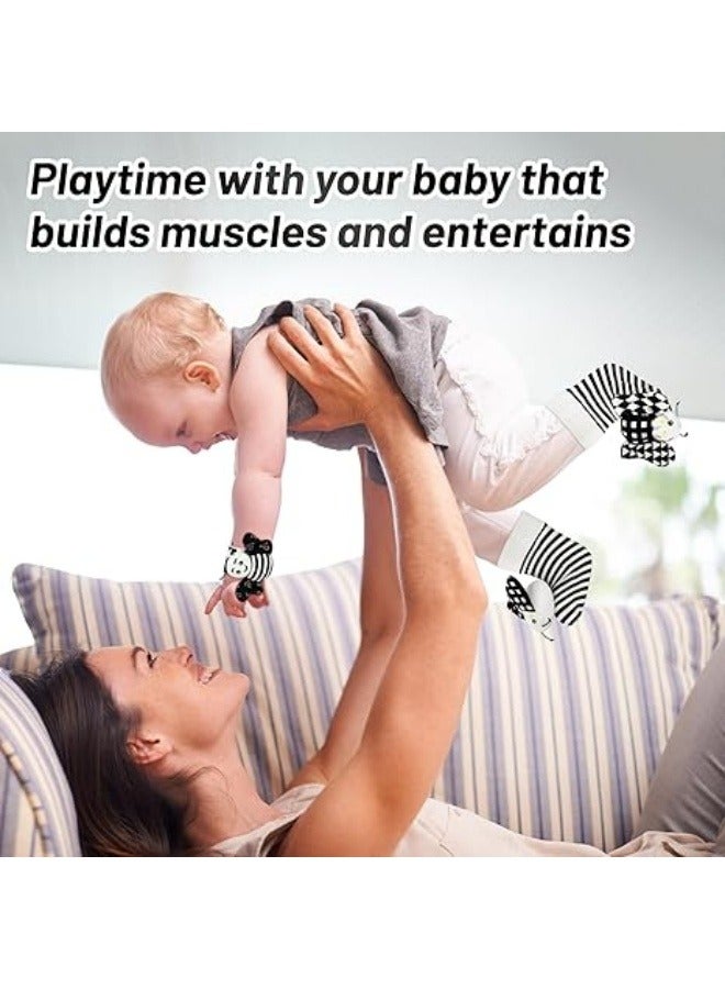 NIBEMINENT Baby Rattle Cotton Socks and Wrist Rattle Strap Set, Infant Toys 3 6 9 12 Months, Baby Gifts for Boys and Girls, Develop Babies Sensory Toys, Black and White  - Image 4