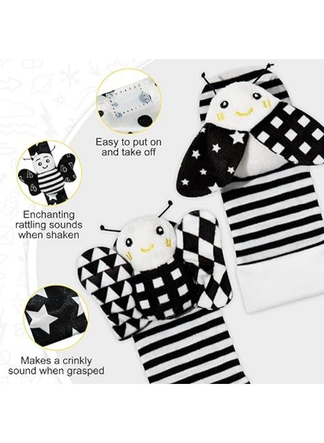 NIBEMINENT Baby Rattle Cotton Socks and Wrist Rattle Strap Set, Infant Toys 3 6 9 12 Months, Baby Gifts for Boys and Girls, Develop Babies Sensory Toys, Black and White  - Image 5