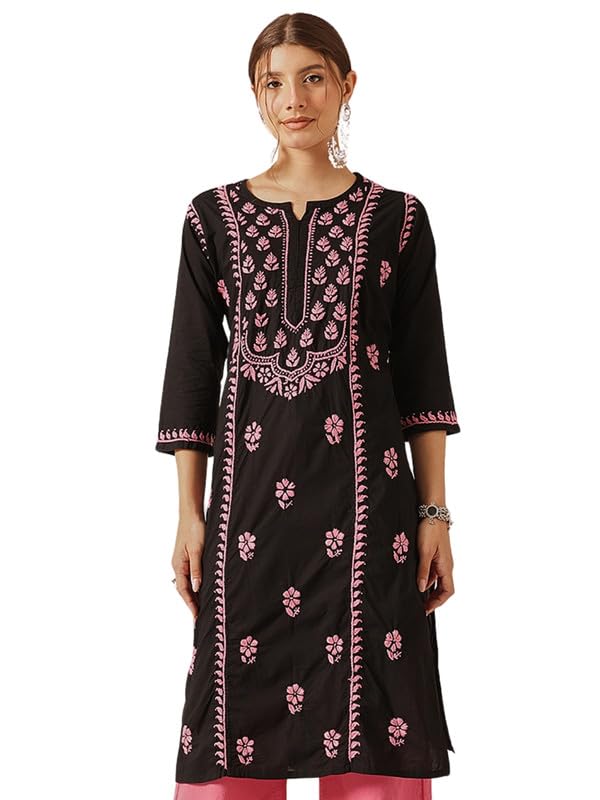 Ada Hand Embroidered Lucknowi Chikankari Straight Cotton Round Neck Kurti Kurta for Women A411771 (4XL) Black/Pink - Image 1