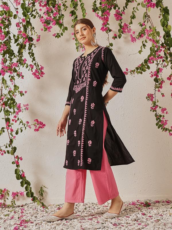 Ada Hand Embroidered Lucknowi Chikankari Straight Cotton Round Neck Kurti Kurta for Women A411771 (4XL) Black/Pink - Image 4