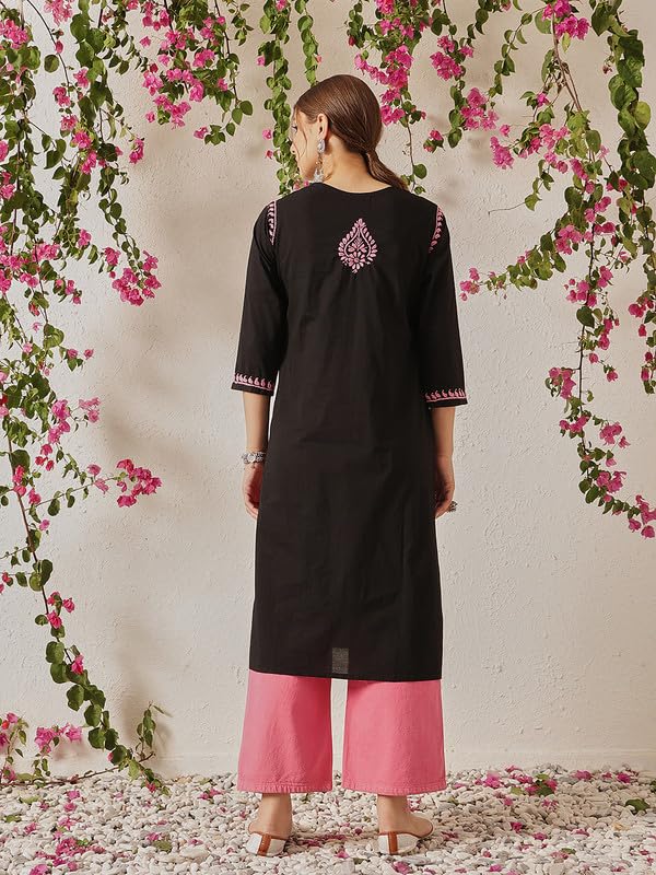 Ada Hand Embroidered Lucknowi Chikankari Straight Cotton Round Neck Kurti Kurta for Women A411771 (4XL) Black/Pink - Image 2