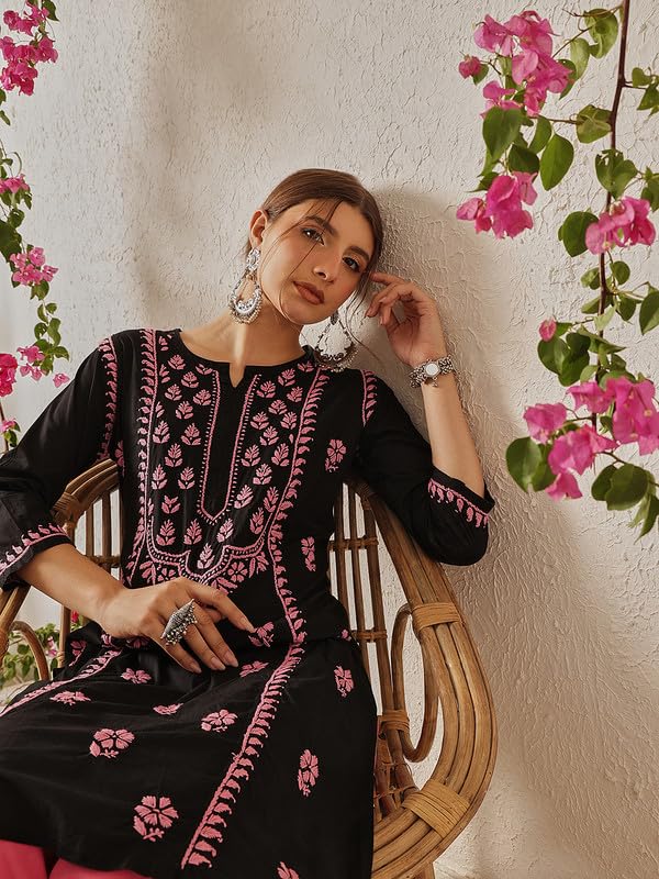 Ada Hand Embroidered Lucknowi Chikankari Straight Cotton Round Neck Kurti Kurta for Women A411771 (4XL) Black/Pink - Image 5