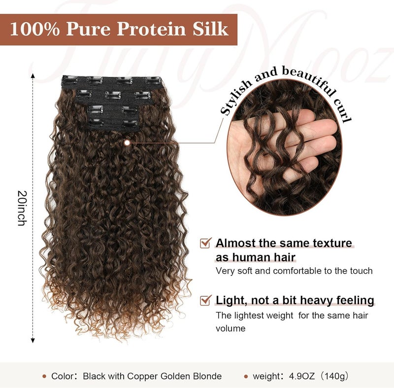 Flufymooz Clip in Hair Extensions, 4PC 100％ Pure Protein Silk Hair Extensions Long Soft Natural Hairpiece 20 Inch Curly Hair Extension for Women (Black with Copper Golden Blonde) - Image 2