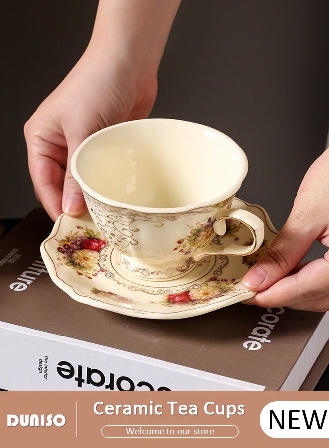 DUNISO طقم أكواب شاي وصحون خزفية، طقم شاي بورسلين لحفلة الشاي، أكواب شاي وصحون لشرب القهوة والشاي، طقم صحون للمطبخ وغرفة المعيشة، كوب قهوة خزفي للمكتب والمنزل - Image 1