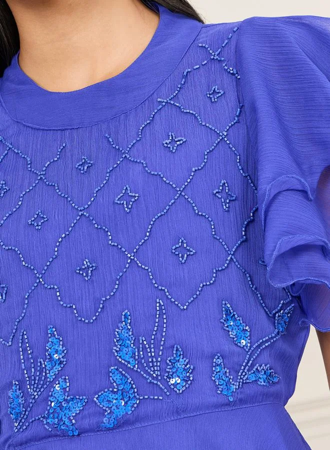 ستايلي Embellished Layer Ruffle Sleeves Peplum Top and Flared Pant Co-Ords