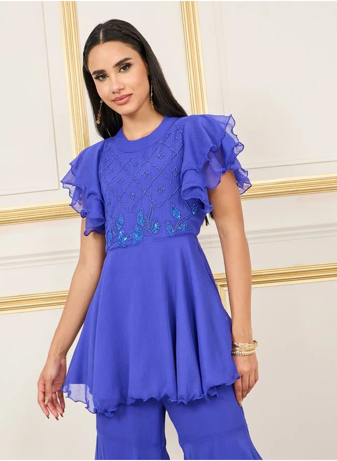 ستايلي Embellished Layer Ruffle Sleeves Peplum Top and Flared Pant Co-Ords