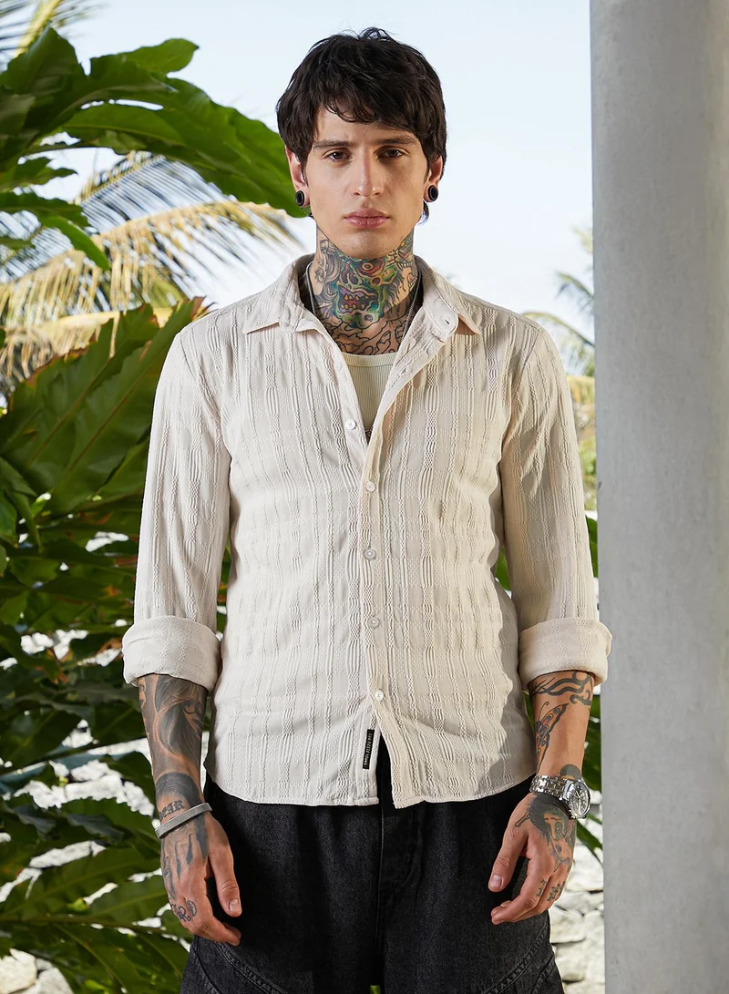 Campus Sutra Men's Saltbox Beige Braided-Knot Tactile Shirt