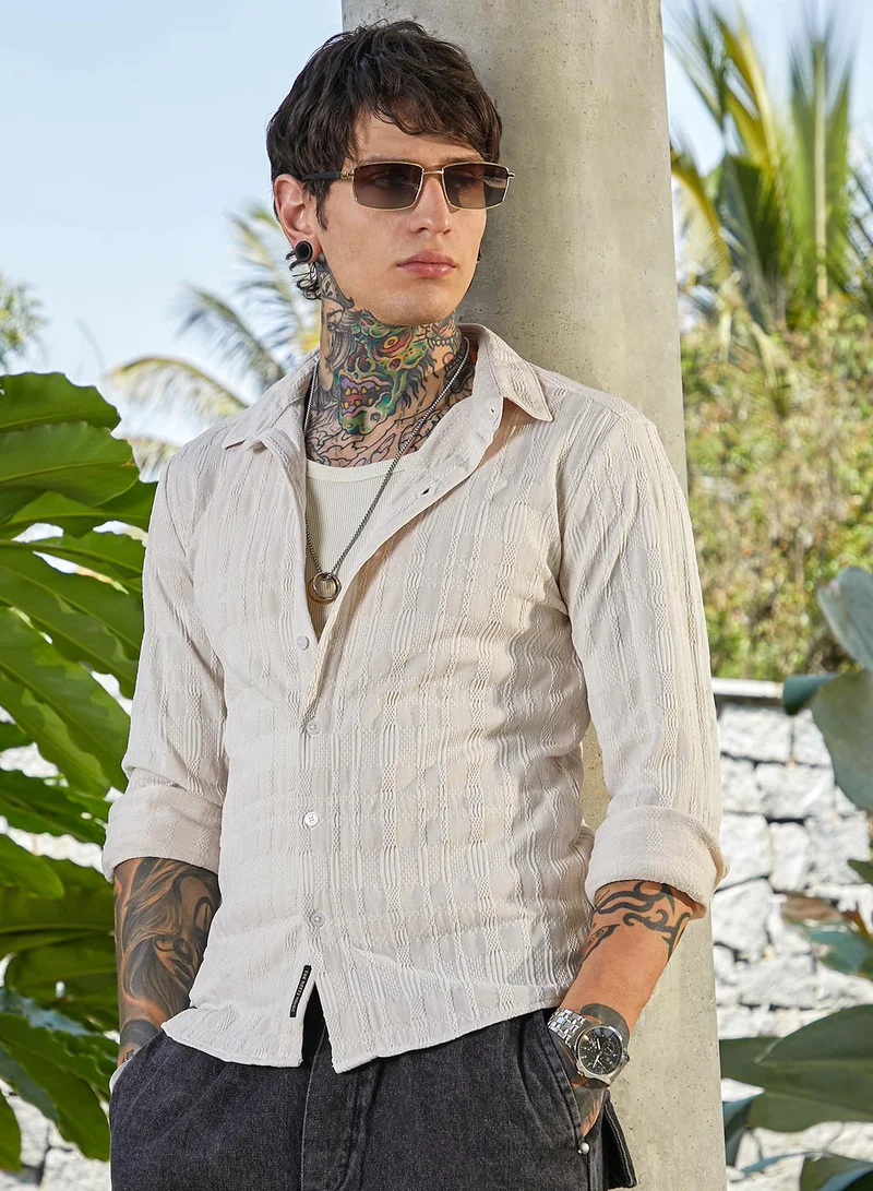 Campus Sutra Men's Saltbox Beige Braided-Knot Tactile Shirt